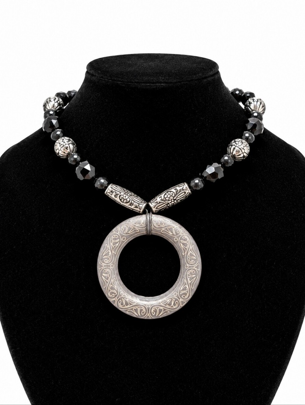 Vintage Black Beaded Statement Necklace with Large Engraved Circle Pendant Silve